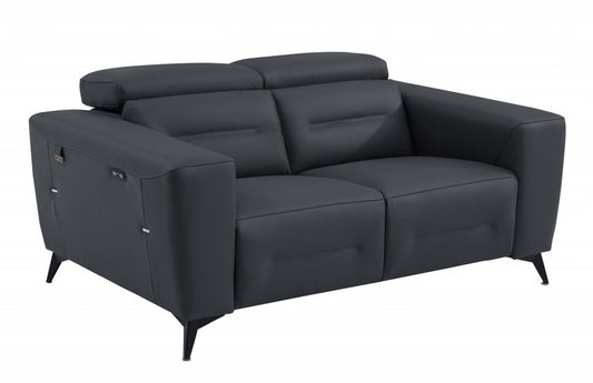Top Grain Italian Leather Reclining Loveseat 65" Gray And Black