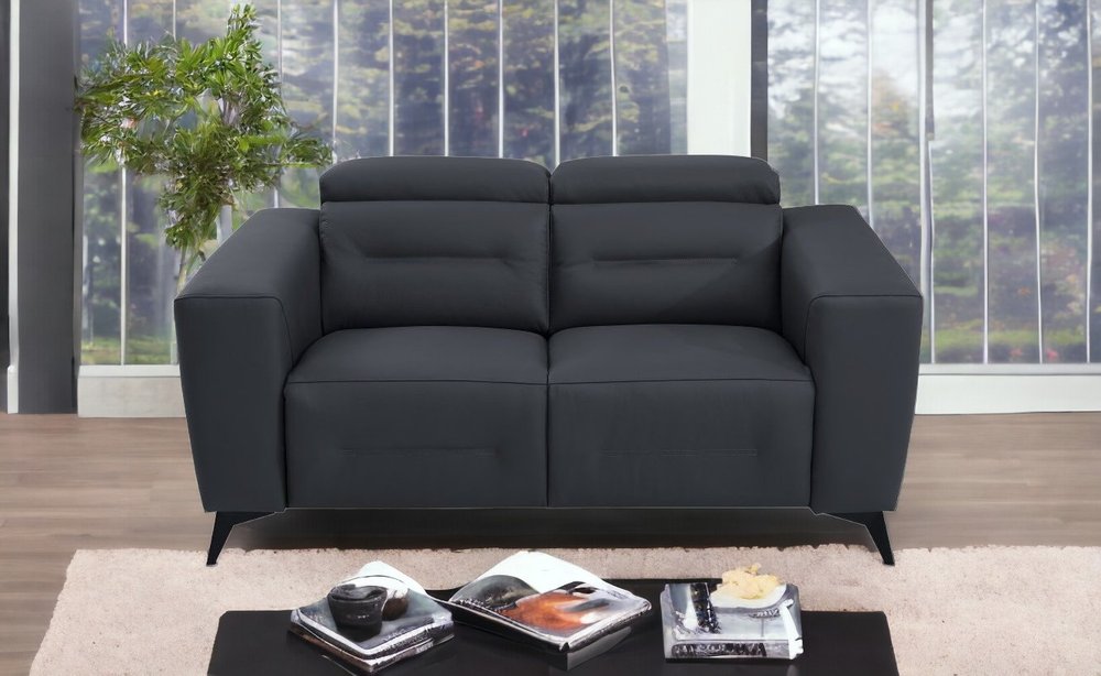 Top Grain Italian Leather Reclining Loveseat 65" Gray And Black