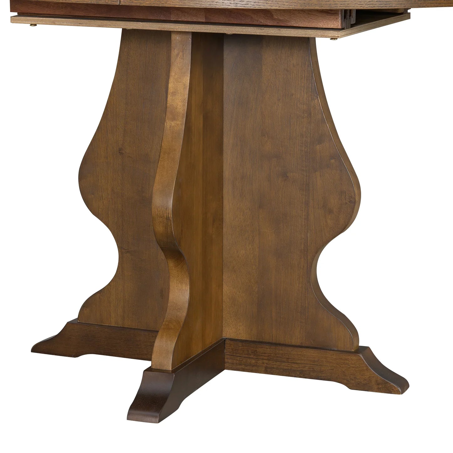 Brown wooden table base with curved detailed legs and flat wooden feet on white background