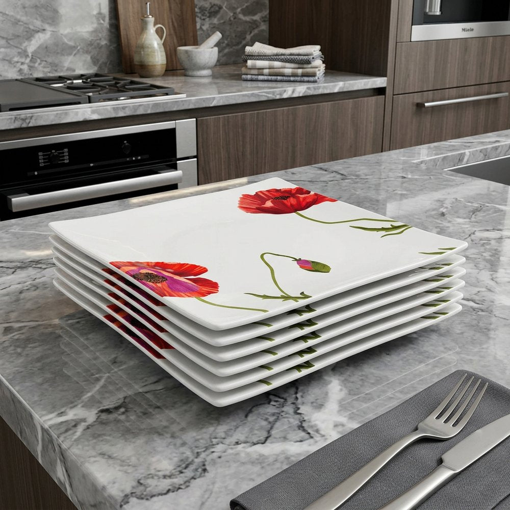 Red and White Six Piece Square Floral Bone China Service For Six Dinner Plate Set - Fluent Trends Dinnerware