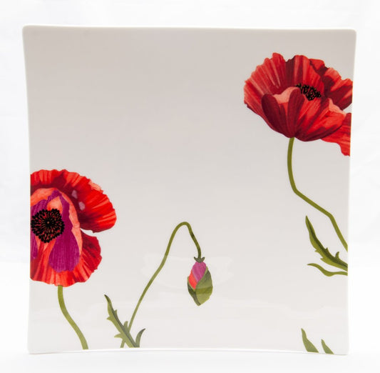 Red and White Six Piece Square Floral Bone China Service For Six Dinner Plate Set - Fluent Trends Dinnerware