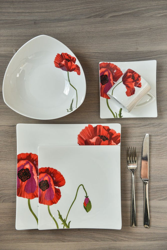 Red and White Six Piece Square Floral Bone China Service For Six Dinner Plate Set - Fluent Trends Dinnerware
