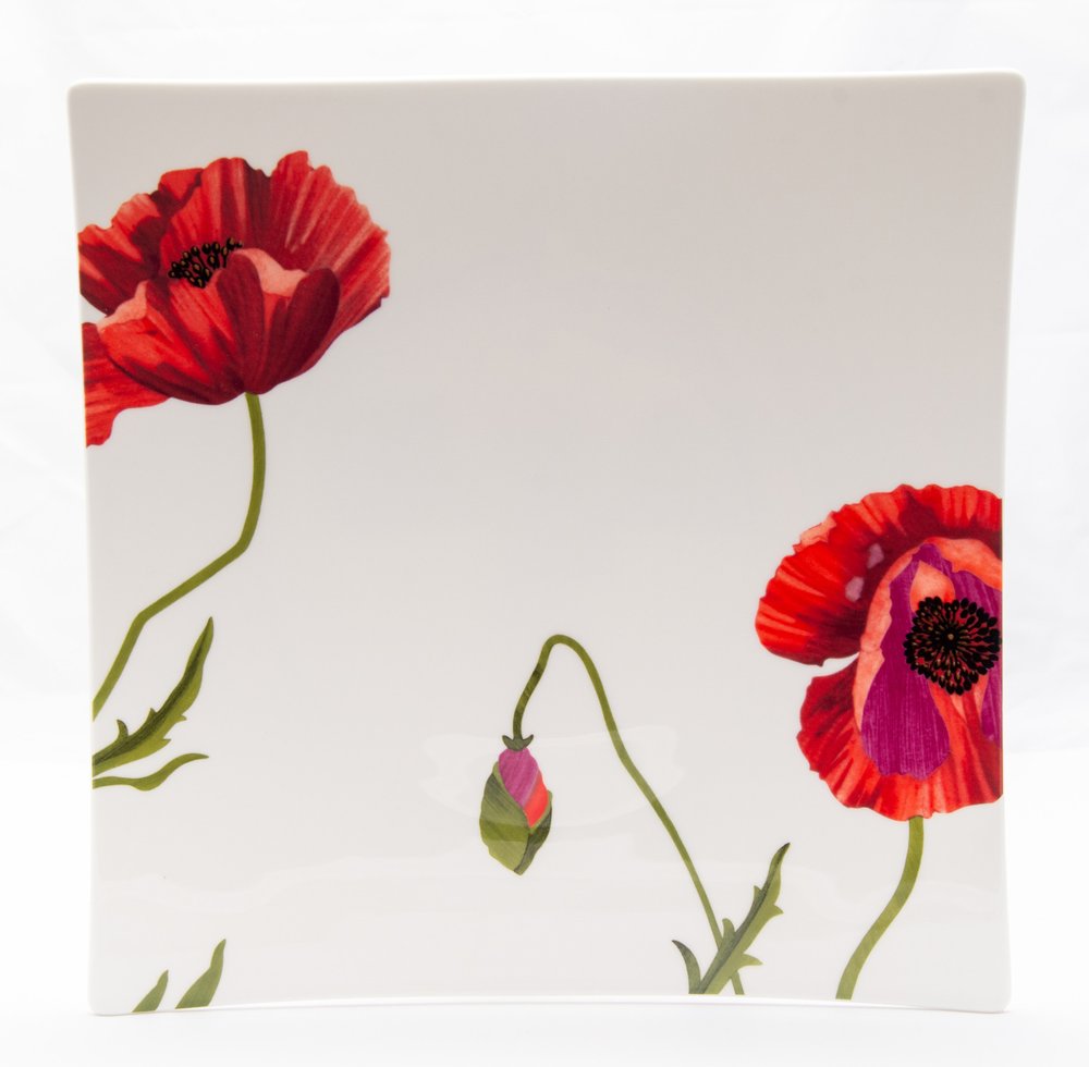 Red and White Six Piece Square Floral Bone China Service For Six Dinner Plate Set - Fluent Trends Dinnerware