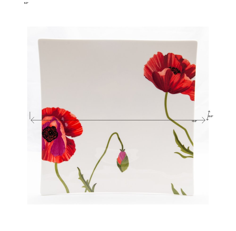 Red and White Six Piece Square Floral Bone China Service For Six Dinner Plate Set - Fluent Trends Dinnerware