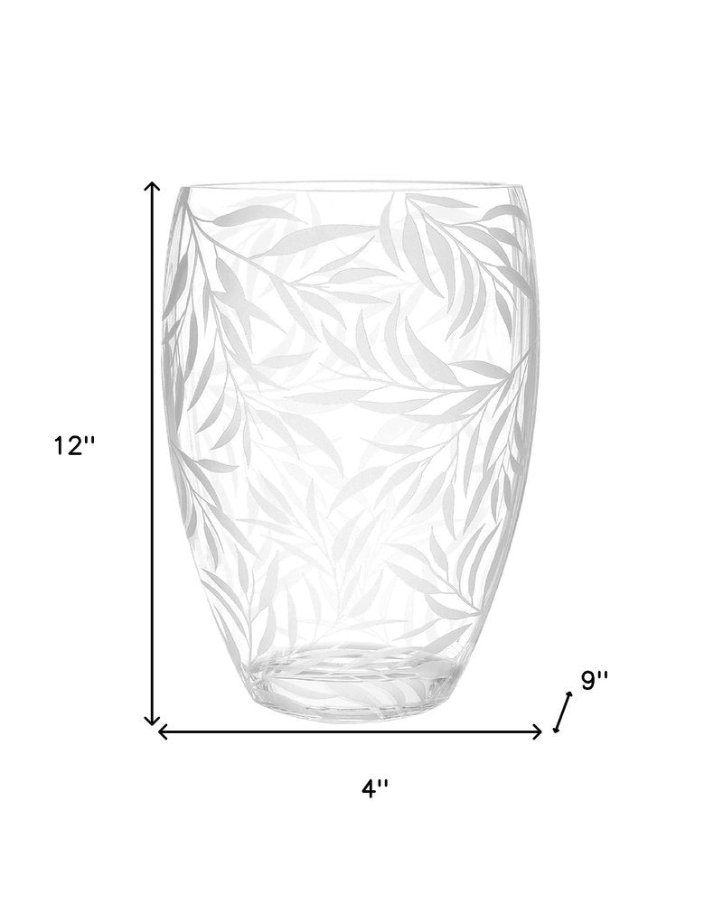12" Clear and Frosted Leaf Pattern Oval Crystal Table Vase HomeRoots