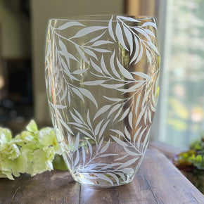 12" Clear and Frosted Leaf Pattern Oval Crystal Table Vase