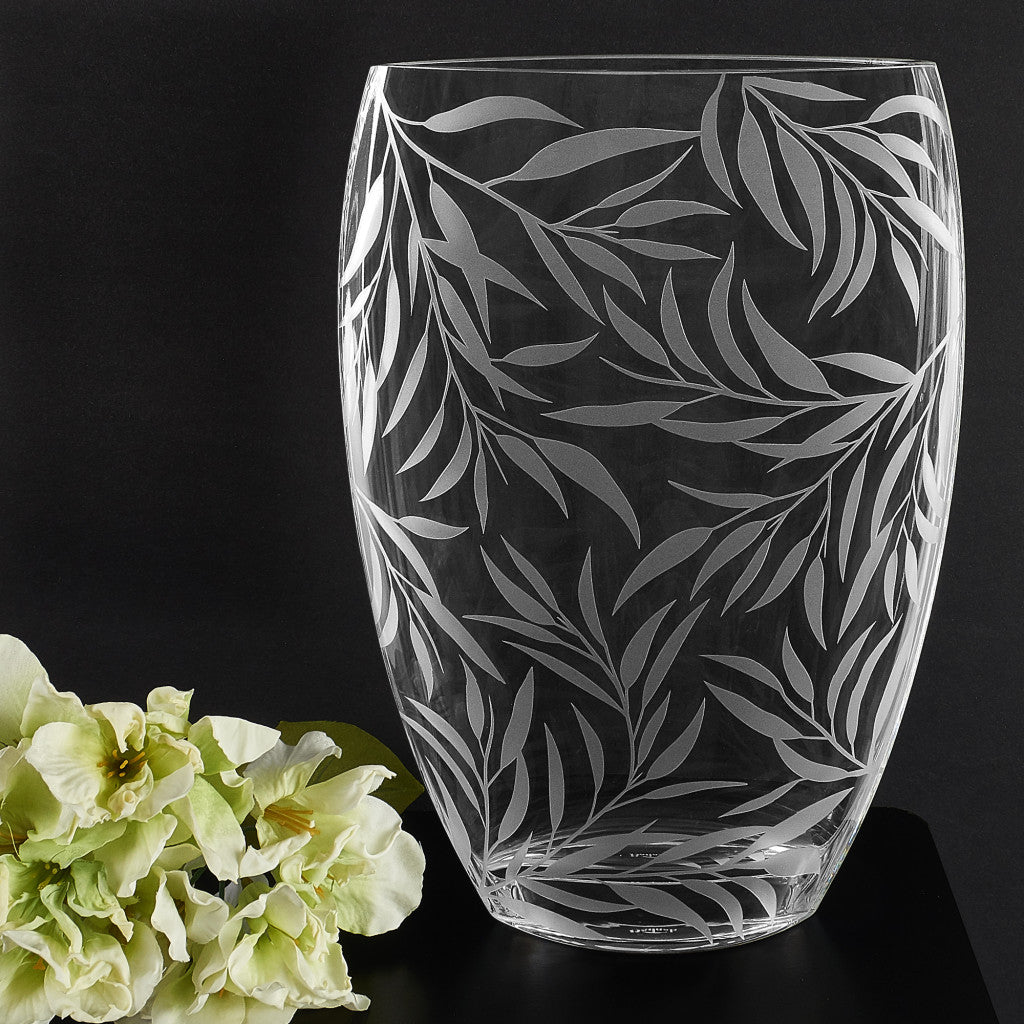 12" Clear and Frosted Leaf Pattern Oval Crystal Table Vase