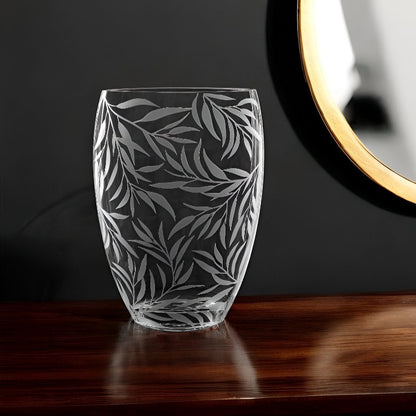 12" Clear and Frosted Leaf Pattern Oval Crystal Table Vase HomeRoots