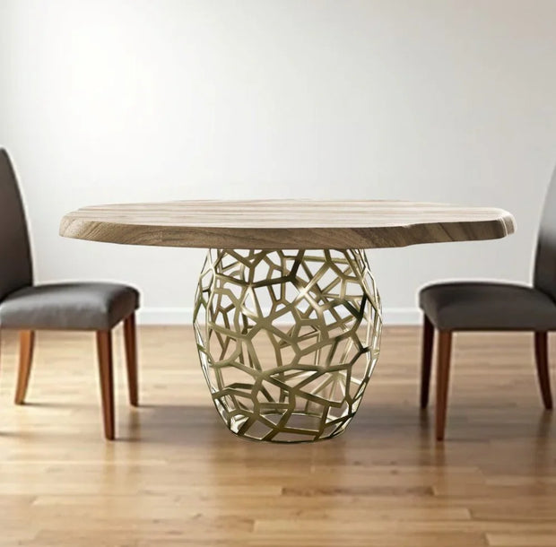 47" Acacia Live Edge Rounded Solid Wood And Brass Dining Table - Fluent Trends