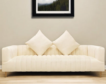 90" Ivory Velvet Sofa And Toss Pillows With Gold Legs HomeRoots