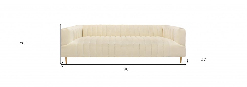 90" Ivory Velvet Sofa And Toss Pillows With Gold Legs