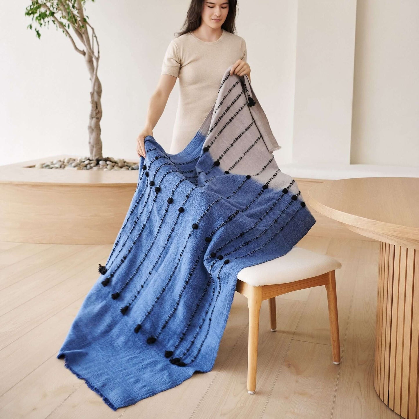 Mari Serene Blue Gray Calming Hues Hand Woven Hand Knotted Textured Merino Throw