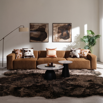 Contemporary Modular Sofa Set, Chocolate Suede Finish with 2 Matching Toss Pillows