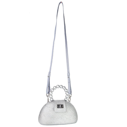 The Orla Silver Woven Straw & Wooden Bead Statement Clutch Bag