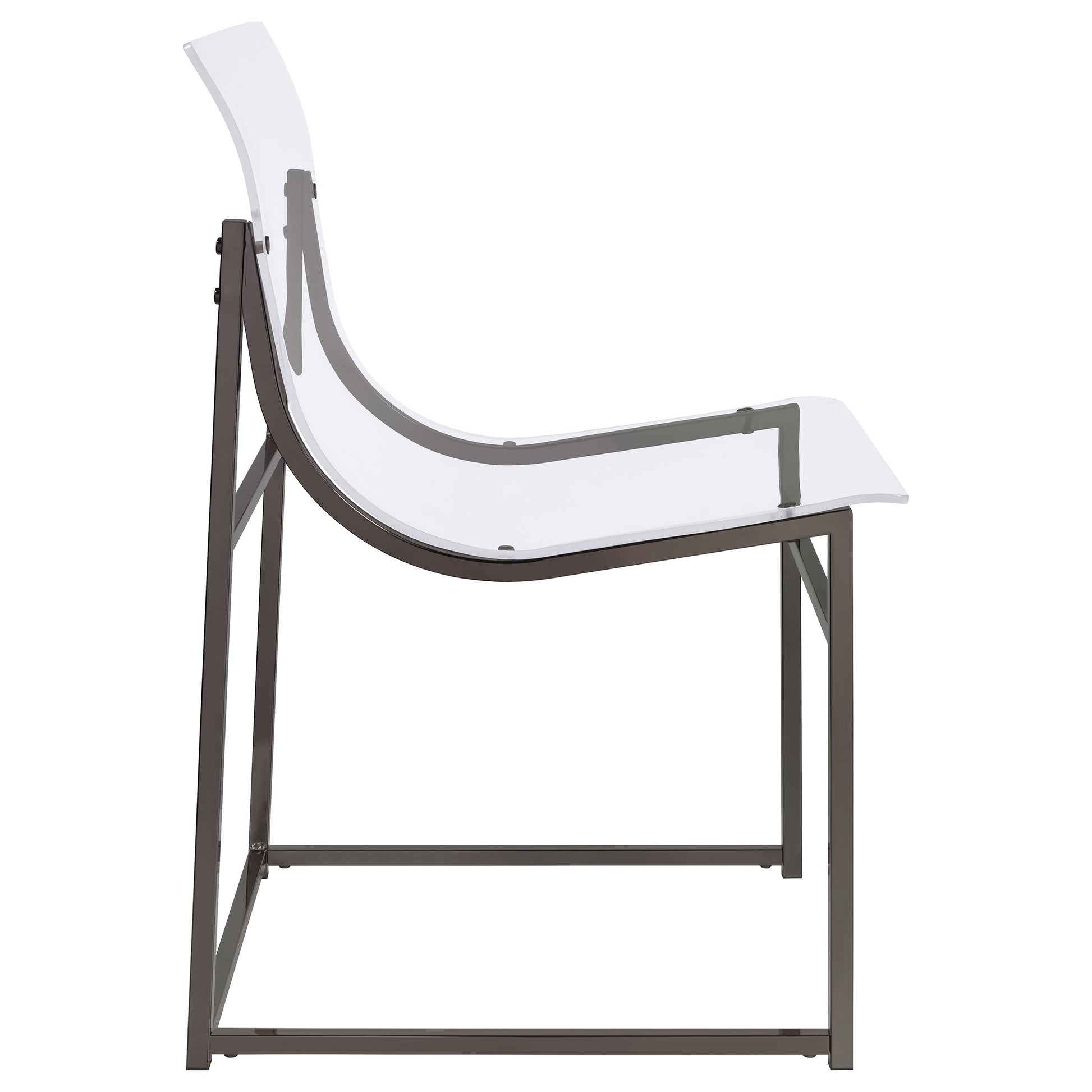 Modern transparent acrylic chair with black metal frame and curved seat and backrest