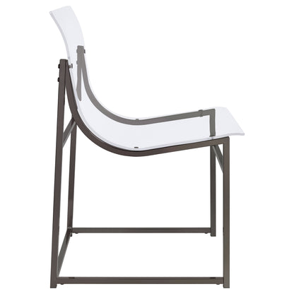 Modern transparent acrylic chair with black metal frame and curved seat and backrest