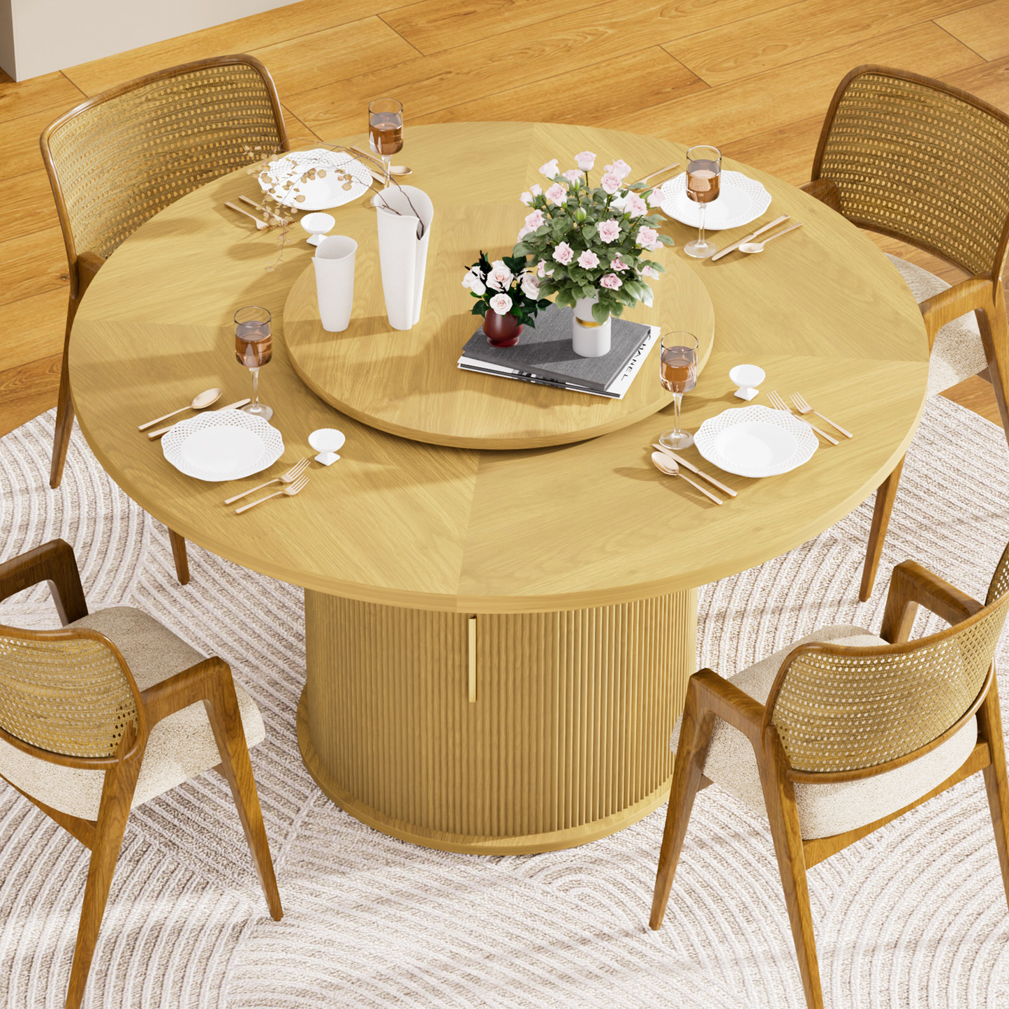 Fluent Trends 55" natural wood round dining table with rotating tray, set for 6, on a light patterned rug
