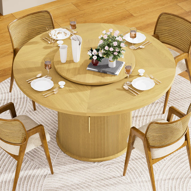 Fluent Trends 55" natural wood round dining table with rotating tray, set for 6, on a light patterned rug