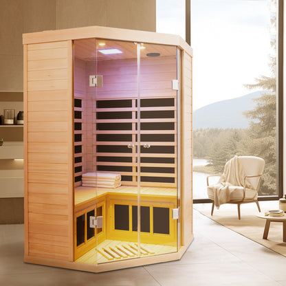 Deluxe Hemlock Far Infrared Corner Sauna Room with Glass Front for Two Persons - Fluent Trends