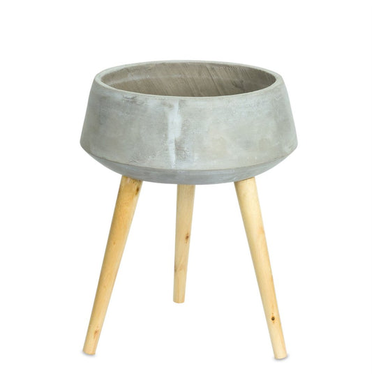 Gray Cement And Wood 81 Ounce Round Distressed Pot Planter With Stand