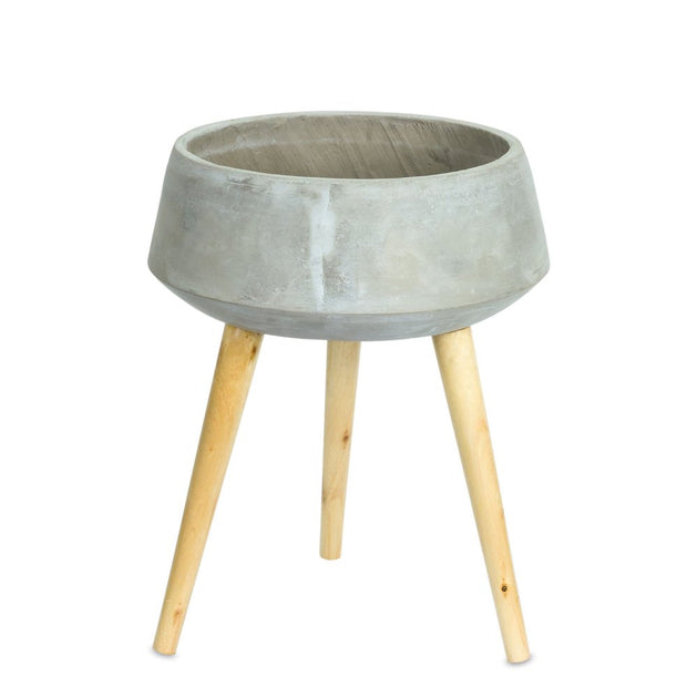 Gray Cement And Wood 81 Ounce Round Distressed Pot Planter With Stand - Fluent Trends Indoor Planters