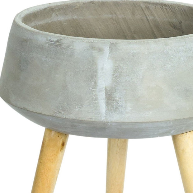Gray Cement And Wood 81 Ounce Round Distressed Pot Planter With Stand - Fluent Trends Indoor Planters