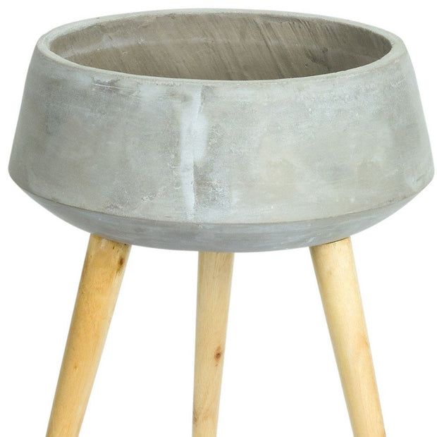 Gray Cement And Wood 81 Ounce Round Distressed Pot Planter With Stand - Fluent Trends Indoor Planters