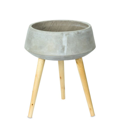 Gray Cement And Wood 81 Ounce Round Distressed Pot Planter With Stand