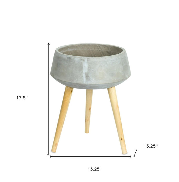 Gray Cement And Wood 81 Ounce Round Distressed Pot Planter With Stand - Fluent Trends Indoor Planters