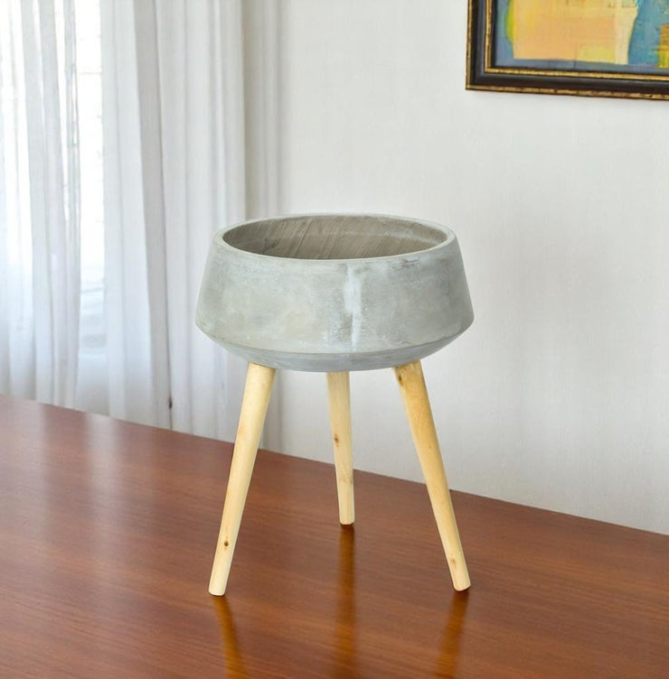 Gray Cement And Wood 81 Ounce Round Distressed Pot Planter With Stand - Fluent Trends Indoor Planters