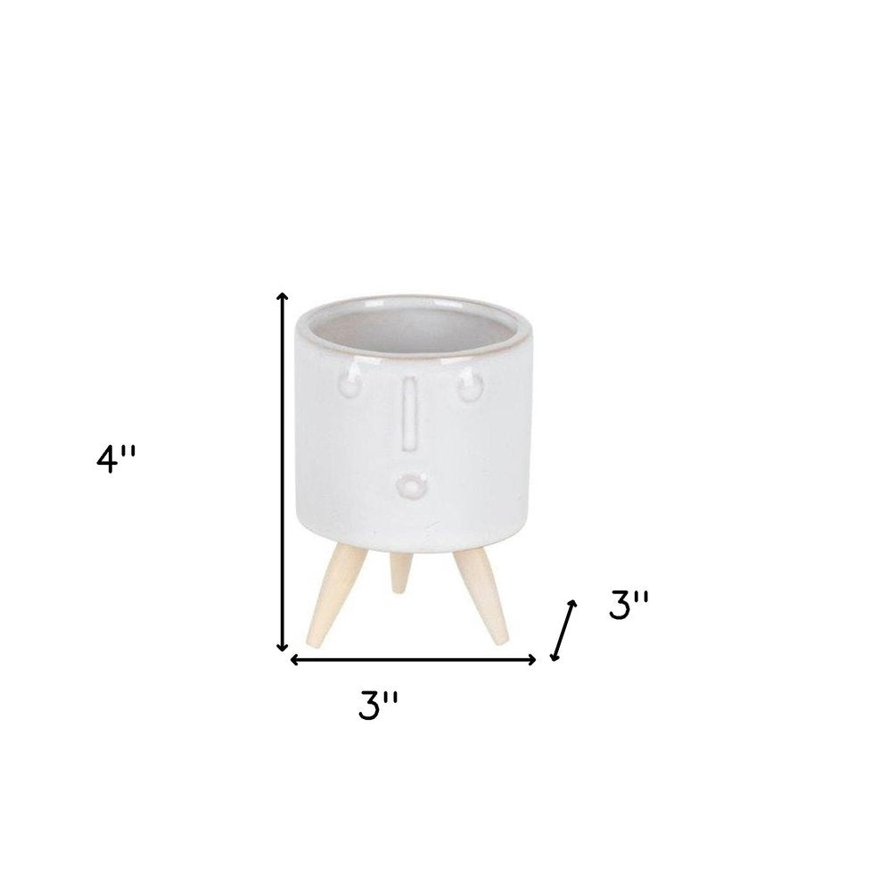 Set of Three White Porcelain 1 Ounce Round Funny Face Pot Planters With Stands