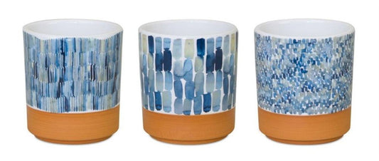 Set of Three Blue Terra Cotta And White Ceramic 1 Ounce Geometric Round Pot Planters HomeRoots