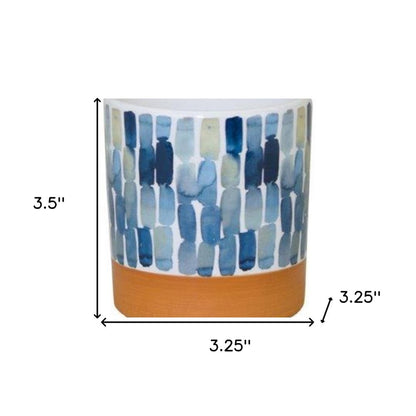 Set of Three Blue Terra Cotta And White Ceramic 1 Ounce Geometric Round Pot Planters HomeRoots