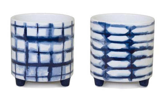 Set of Two Cobalt And White Ceramic 2 Ounce Round Footed Pot Planters HomeRoots