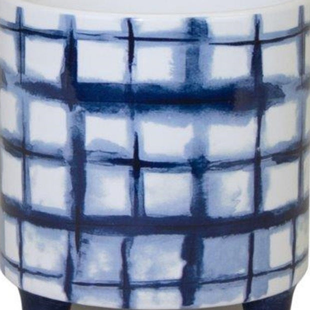 Set of Two Cobalt And White Ceramic 2 Ounce Round Footed Pot Planters