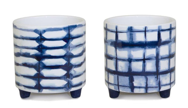 Set of Two Cobalt And White Ceramic 2 Ounce Round Footed Pot Planters