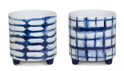 Set of Two Cobalt And White Ceramic 2 Ounce Round Footed Pot Planters
