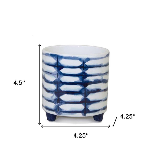 Set of Two Cobalt And White Ceramic 2 Ounce Round Footed Pot Planters