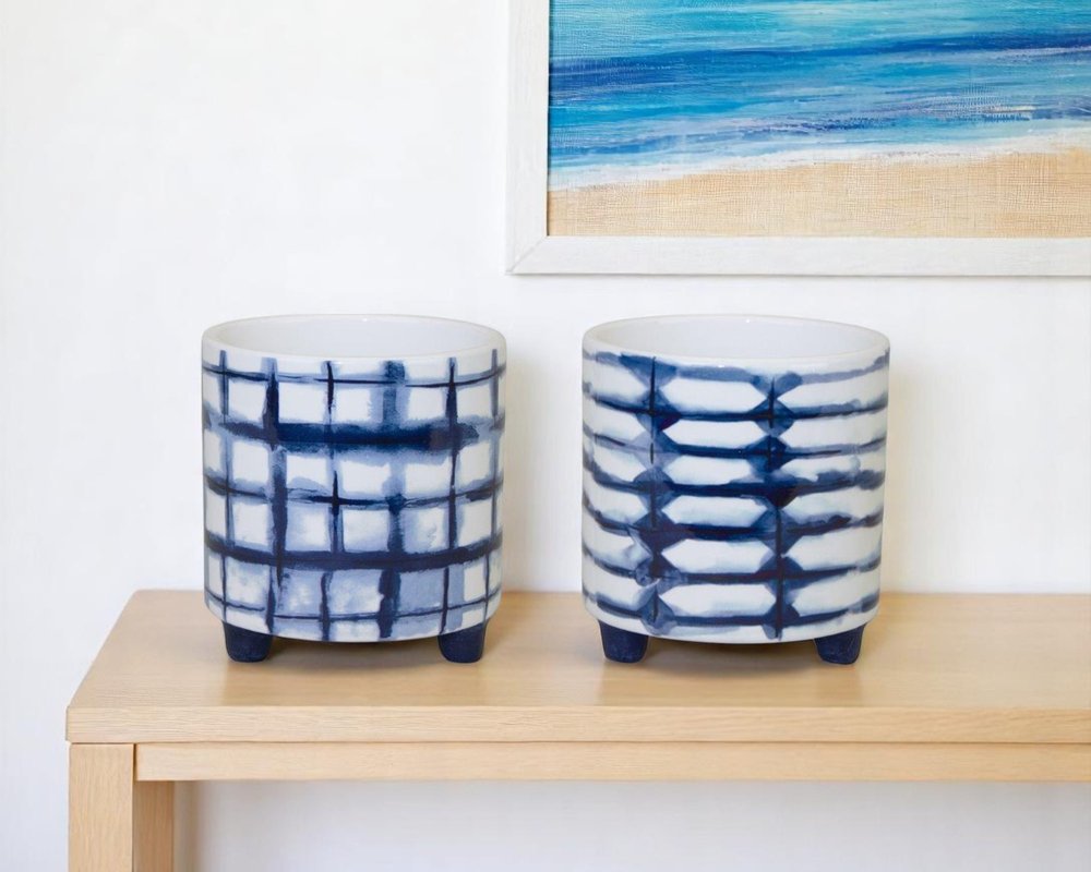 Set of Two Cobalt And White Ceramic 2 Ounce Round Footed Pot Planters