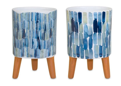 Set of Two Blue Terra Cotta And White Ceramic 2 Ounce Round Raised Pot Planters