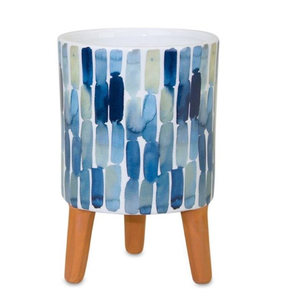 Set of Two Blue Terra Cotta And White Ceramic 2 Ounce Round Raised Pot Planters