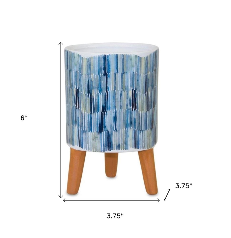 Set of Two Blue Terra Cotta And White Ceramic 2 Ounce Round Raised Pot Planters