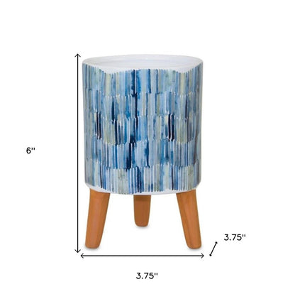 Set of Two Blue Terra Cotta And White Ceramic 2 Ounce Round Raised Pot Planters