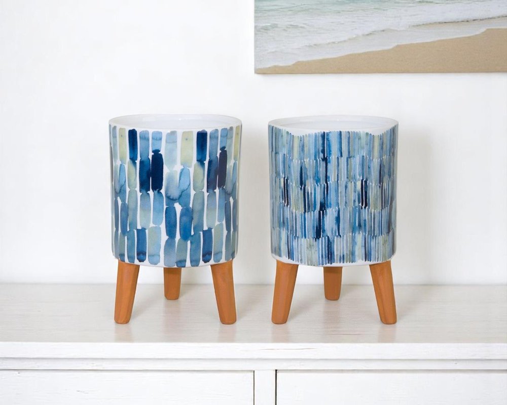 Set of Two Blue Terra Cotta And White Ceramic 2 Ounce Round Raised Pot Planters