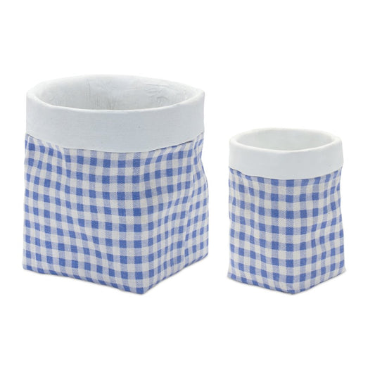 Set of Two Blue And White Cement 7 Ounce Gingham Pot Planters - Fluent Trends Indoor Planters