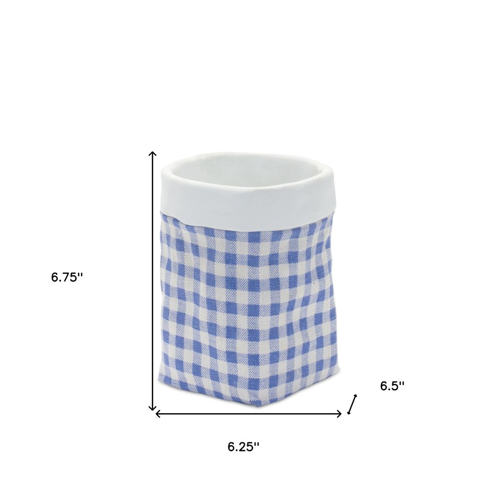 Set of Two Blue And White Cement 7 Ounce Gingham Pot Planters