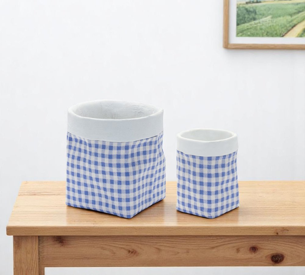 Set of Two Blue And White Cement 7 Ounce Gingham Pot Planters - Fluent Trends Indoor Planters