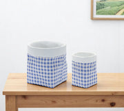 Set of Two Blue And White Cement 7 Ounce Gingham Pot Planters - Fluent Trends Indoor Planters
