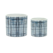 Set of Two White And Blue Ceramic Lattice 2 Ounce Round Pot Planters - Fluent Trends Indoor Planters