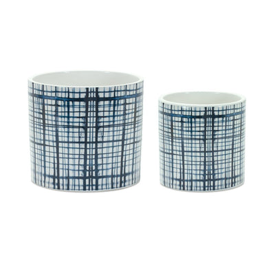 Set of Two White And Blue Ceramic Lattice 2 Ounce Round Pot Planters - Fluent Trends Indoor Planters
